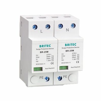 25kA টাইপ 1 সার্জ প্রোটেক্টর 275V 1.3kV T1 10/350us 2P একক ফেজ