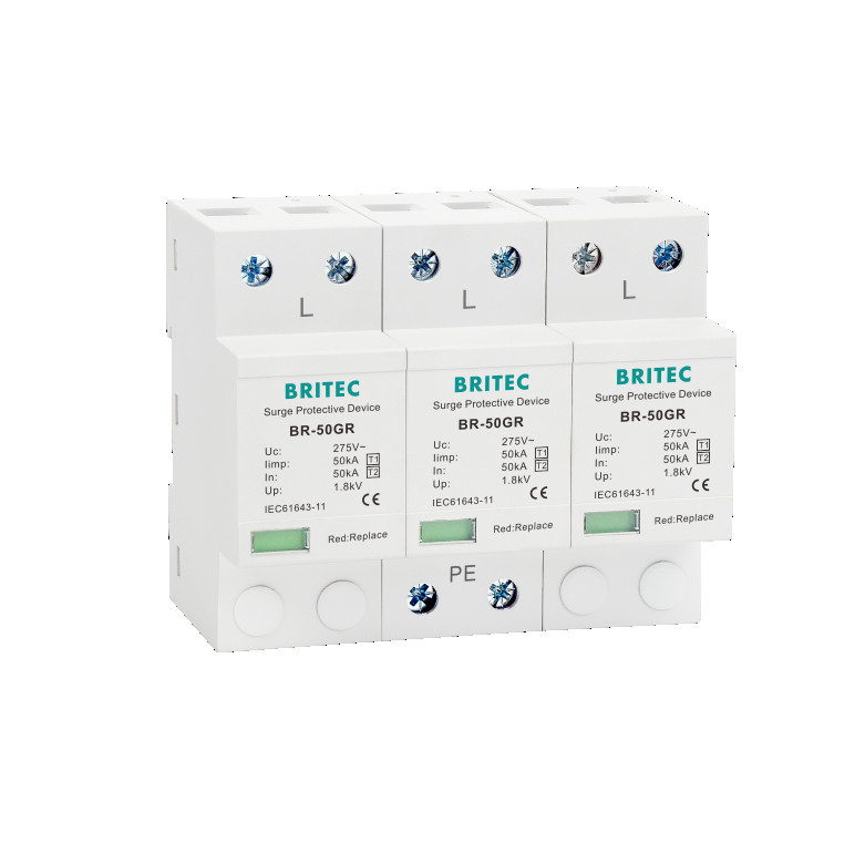 BRITEC BR-50GR 275 3P Spd Ac টাইপ 1 ওভারজার্জ প্রতিরক্ষামূলক ডিভাইস 4P বজ্রপাত প্রতিরক্ষামূলক আটকান T1 T2 স্পার্ক ফাঁক spd