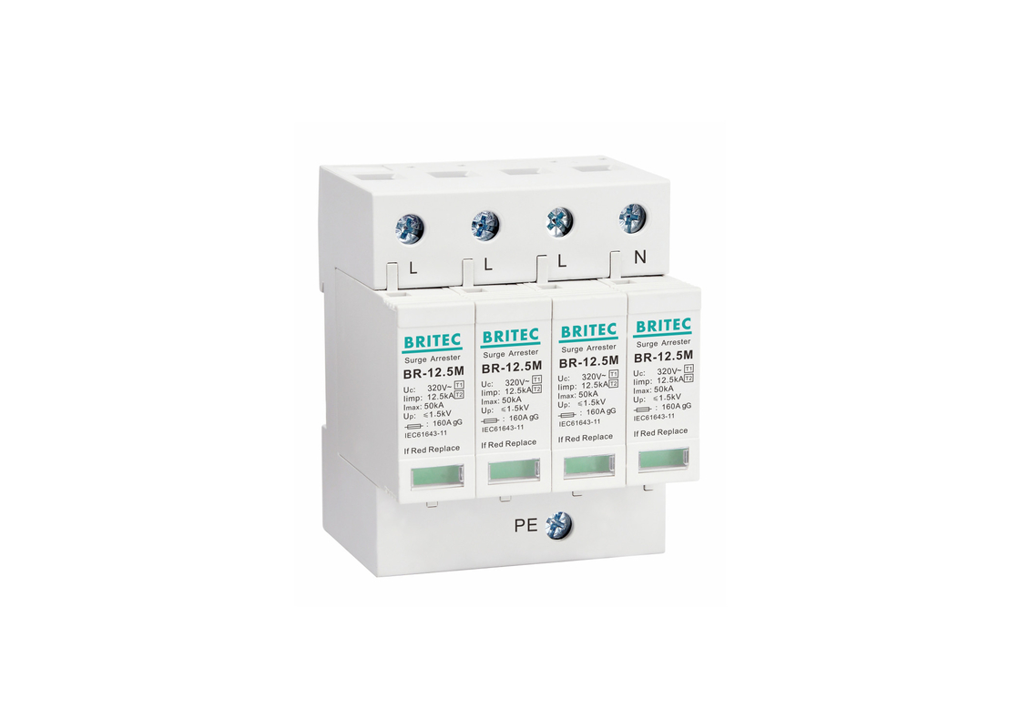 12.5kA টাইপ 1+2 320V 4P হোমহাউজিং সার্জ প্রটেক্টর বজ্রপাত সুরক্ষা