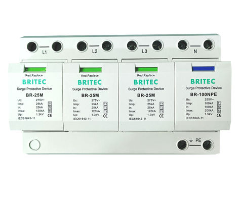 BRITEC BR-25M 3+1 টাইপ 1 সার্জ সুরক্ষা ডিভাইস 25kA Iimp প্লাগযোগ্য মডিউল টাইপ 1 সার্জ সুরক্ষা
