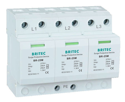 BRITEC BR-25M T1+T2 B+C 3P DIN রেল 35mm Spd T1 ভারিস্টর ওভারজার্জ গ্রেটার টাইপ1 3p ওভারজার্জ প্রটেক্টর